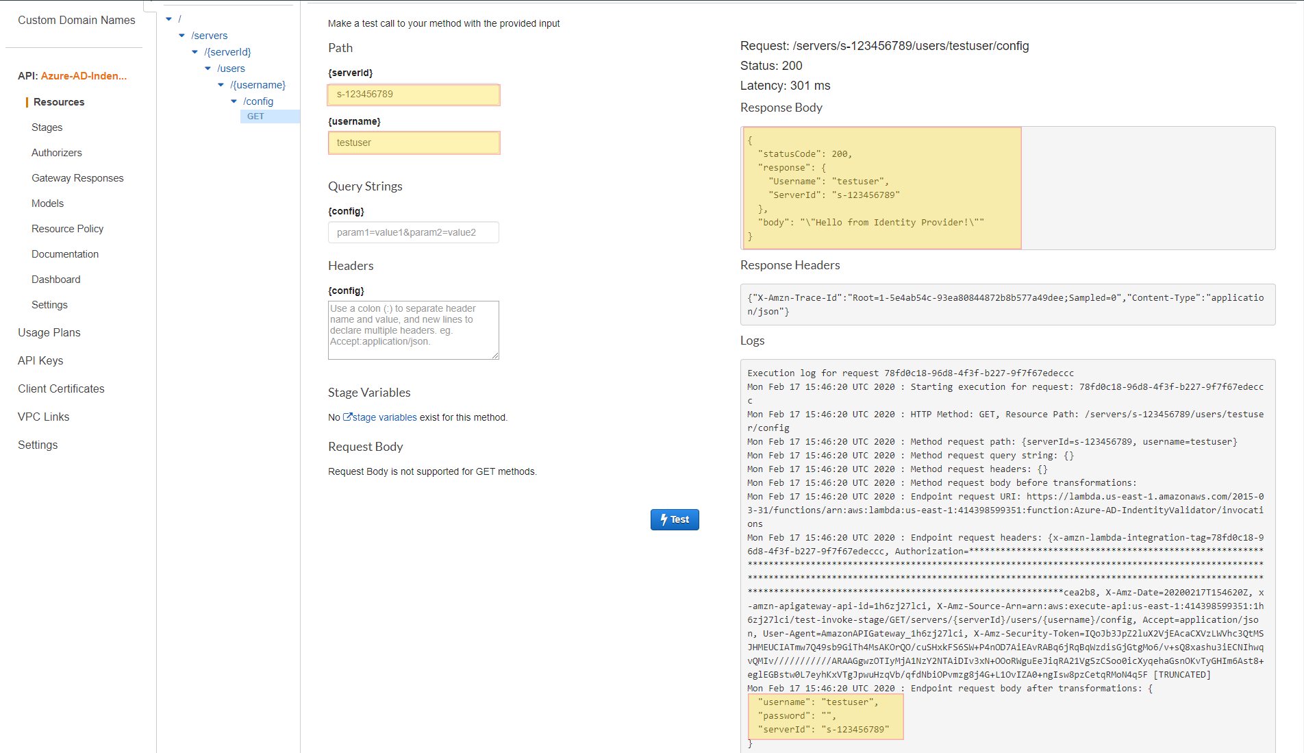 Testing Response from AWS API Gateway for SFTP Azure Identity Providier